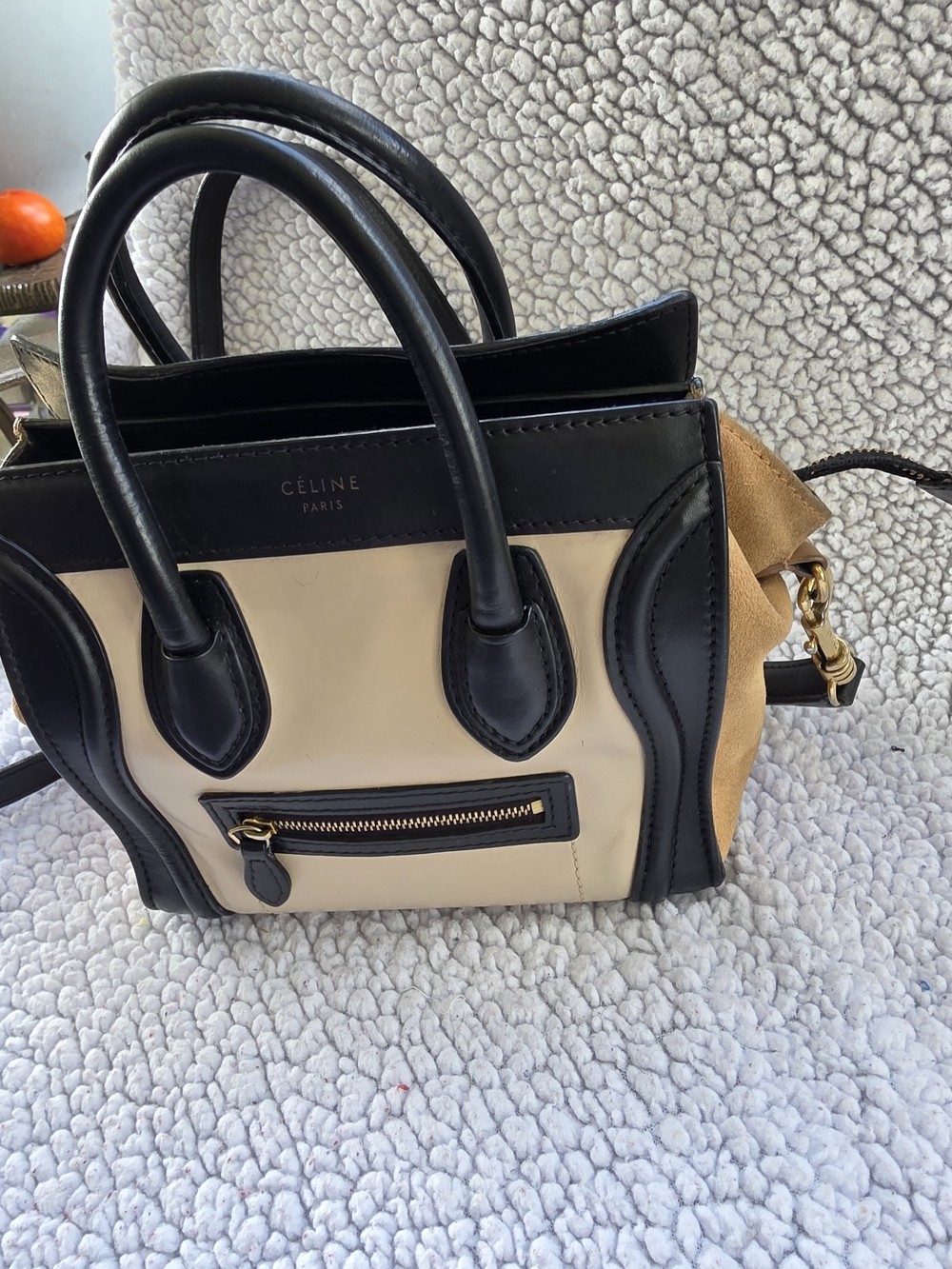 Celine Black and Cream Mini Luggage Bag with Tan Sides